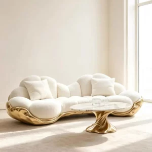Artistic wavy-petal sofa featuring a gold-plated stainless steel base; a creative, curved fabric sofa designed for villas and spacious interiors, offering a touch of understated luxury.