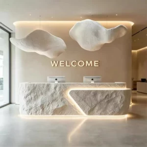 Custom-shaped faux stone reception desk; suitable for high-end clothing stores (cashier counter), cafes, bars, and beauty salons