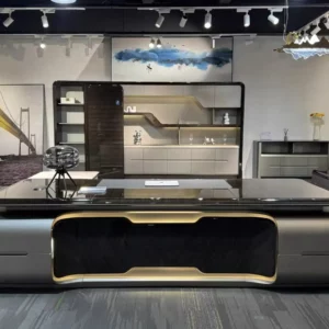 High-end executive desk featuring an ebony wood grain finish and integrated lighting—suitable for presidents, senior executives, and managers.