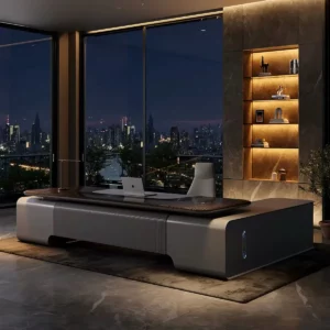 High-end minimalist lifting executive desk featuring a premium ebony-finish lacquer top; suitable for CEO or chairman offices